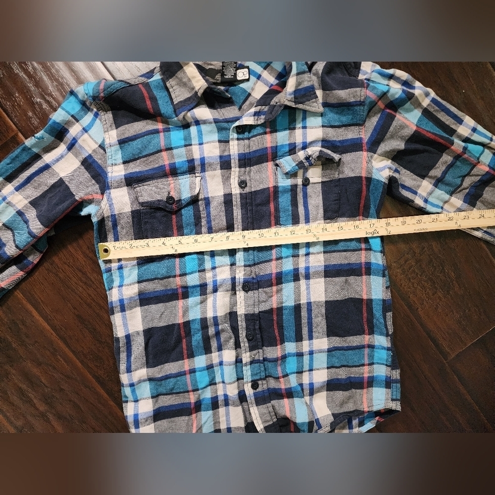 Mens OP Flannel Button Up Distressed Plaid Long Sleeve Top - Picture 4 of 10